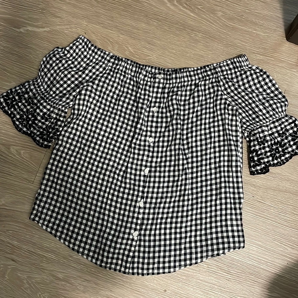 Off the Shoulder Gingham Button Down